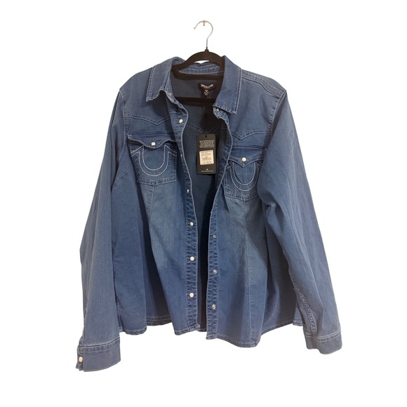 True Religion Tops - True Religion Womens Western Denim Shirt Medium Blue Wash Snap Front XXXL‎